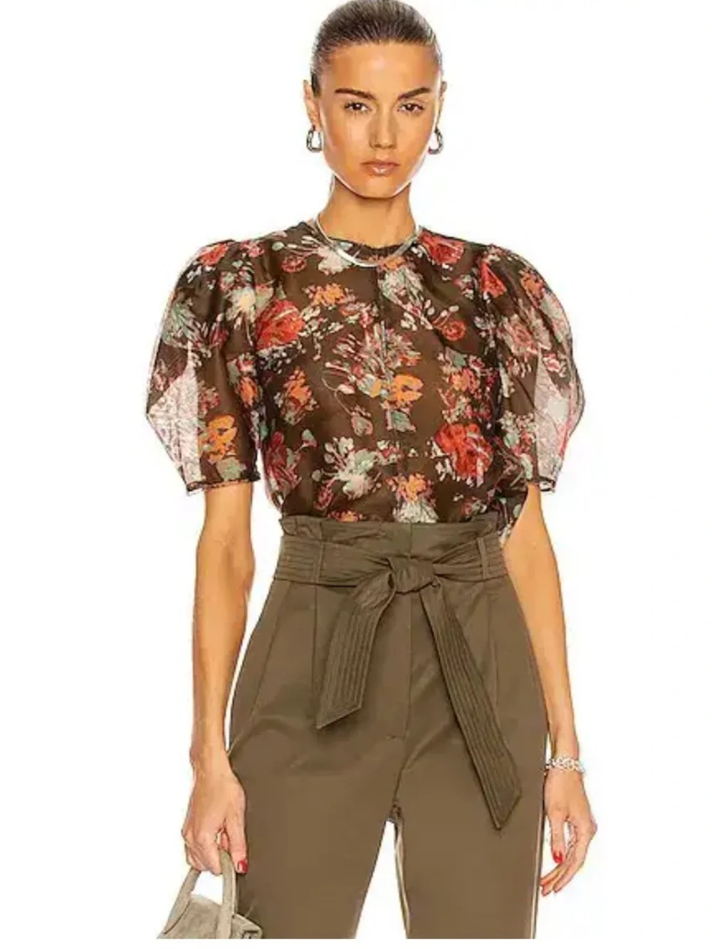 Ulla Johnson Lise Brown Floral Puff-Sleeve Blouse in Fern
